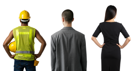 Back view of a diverse group of professionals including a construction worker, businessman, and businesswoman. Career diversity and workforce concept.