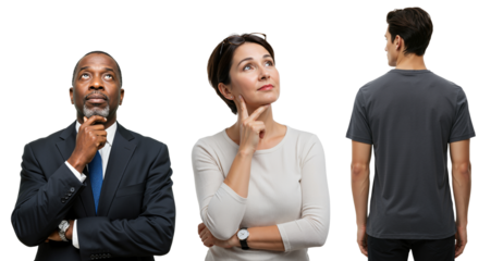 Thoughtful diverse people looking up. An African American businessman and a Caucasian woman pondering a question, with a man in a t-shirt seen from behind.