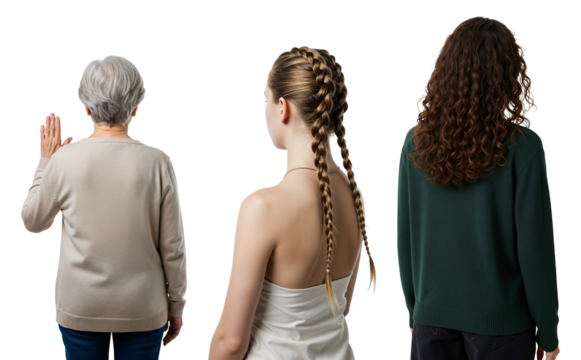 Rear view of three diverse women from different generations. Senior woman with gray hair, young woman with braids, and another with curly hair.