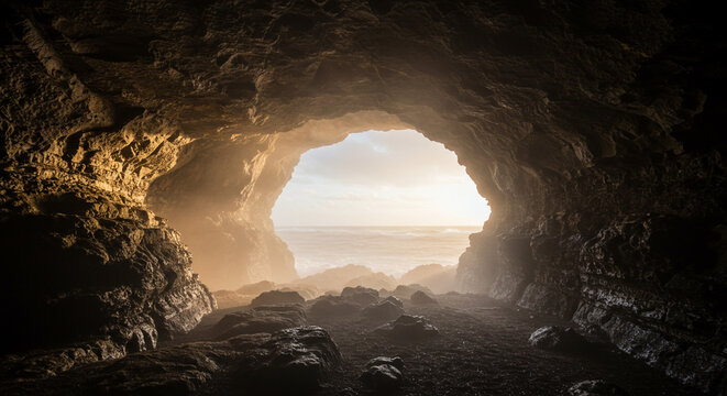 Sunlight streams through a dark cave opening onto a dramatic ocean vista, creating a mystical and awe-inspiring scene.