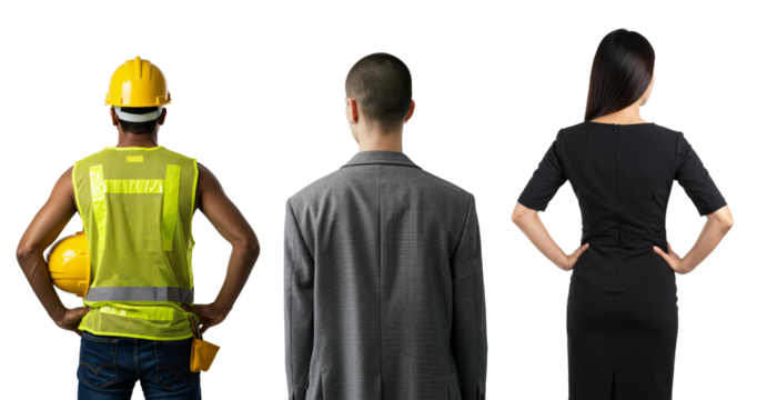 Back view of a diverse group of professionals including a construction worker, businessman, and businesswoman. Career diversity and workforce concept.