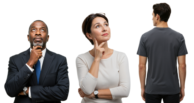 Thoughtful diverse people looking up. An African American businessman and a Caucasian woman pondering a question, with a man in a t-shirt seen from behind. - Powered by Adobe