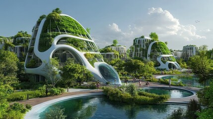 Visionary eco-conscious architecture seamlessly blending with nature in a utopian community