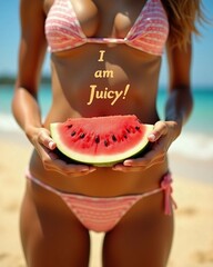 Concetto di Estate tentazioni estive: bella ragazza felice al mare che regge una fetta di anguria con la scritta "I am Juicy"