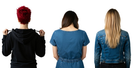 Rear view of three diverse young women with different hairstyles. Friends standing together isolated on a transparent background.