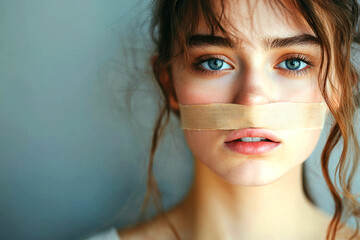 AI Generated Portrait:  Mysterious Woman with Tape Over Mouth, Blue Eyes,  Intriguing Gaze, Artistic Digital Painting