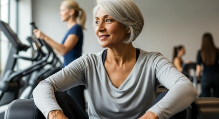 Mature woman in activewear taking a break at the gym. Healthy older adult lifestyle and fitness concept. Senior health.