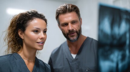 A healthcare team reviewing a patient s x ray on a monitor long title Two medical professionals a doctor and nurse closely examining a patient s