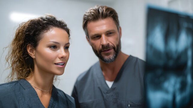 A healthcare team reviewing a patient s x ray on a monitor  long title Two medical professionals a doctor and nurse closely examining a patient s
