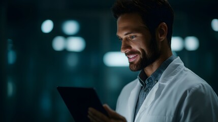 Businessman examining data on digital tablet in office environment