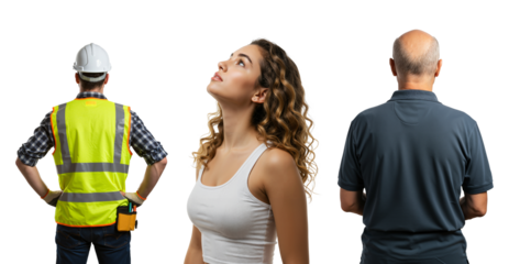 A young woman looking up, flanked by a construction worker and an older man seen from behind. Composite image isolated on black.