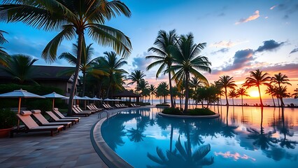 Fototapeta premium A tropical resort poolside with empty loungers and sunset reflections, creating a romantic escape.