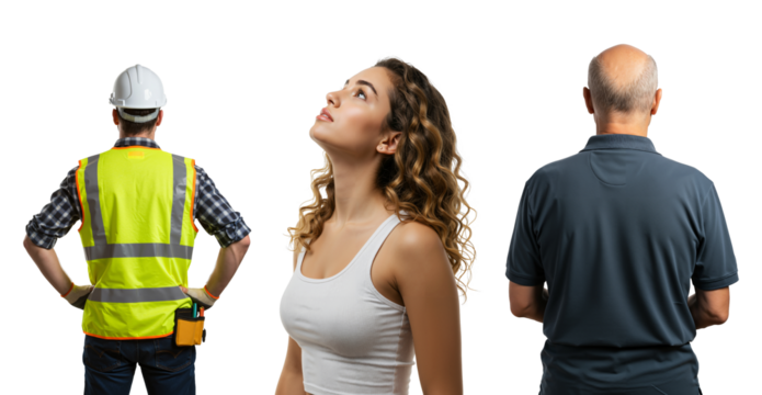 A young woman looking up, flanked by a construction worker and an older man seen from behind. Composite image isolated on black.