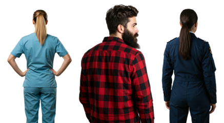 A nurse, a bearded man, and a female pilot stand together from behind. Diverse professions and career choices concept. Workforce and labor representation.