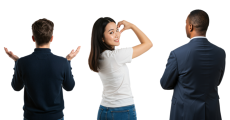 Young Asian woman making a heart gesture, choosing between two men. Love triangle and relationship choice concept with diverse people.