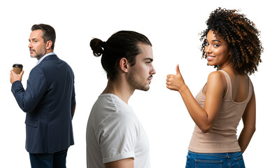 Relationship choice concept. A young man looks at a smiling African American woman giving a thumbs up, turning away from a middle-aged businessman.