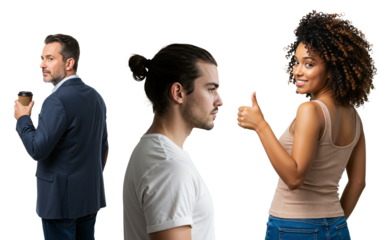 Relationship choice concept. A young man looks at a smiling African American woman giving a thumbs up, turning away from a middle-aged businessman.