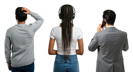 Rear view of a diverse group of people. A confused man, a woman with headphones, and a businessman on the phone against a transparent background.