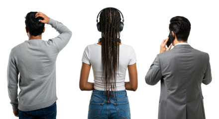 Rear view of a diverse group of people. A confused man, a woman with headphones, and a businessman on the phone against a transparent background.