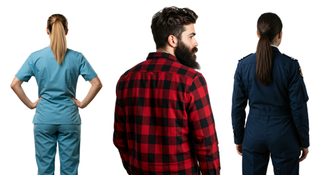 A nurse, a bearded man, and a female pilot stand together from behind. Diverse professions and career choices concept. Workforce and labor representation.