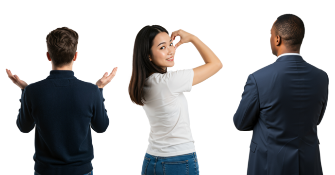 Young Asian woman making a heart gesture, choosing between two men. Love triangle and relationship choice concept with diverse people.