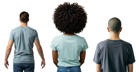 Rear view of three diverse young adults standing together. A Caucasian man, a Black woman with an afro, and an Asian person with a buzz cut against a transparent background.