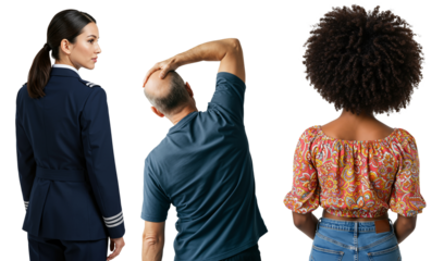 Diverse group of people from behind. Female pilot, man stretching neck, and woman with afro hairstyle against a transparent background. Composite image of different individuals.
