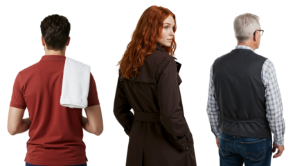 Three diverse people viewed from behind. A young woman with red hair looks over her shoulder, standing with a young man and a senior man on a transparent background.