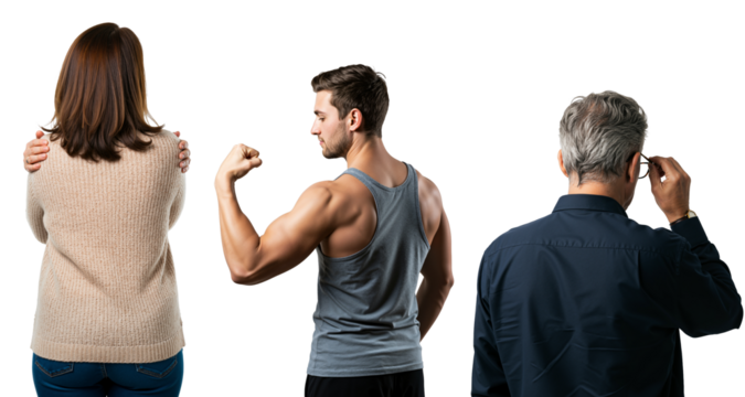 A collage of three diverse people seen from the back. A woman hugging herself, a muscular young man flexing his bicep, and a senior man thinking against a transparent background.