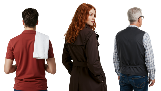 Three diverse people viewed from behind. A young woman with red hair looks over her shoulder, standing with a young man and a senior man on a transparent background. - Powered by Adobe