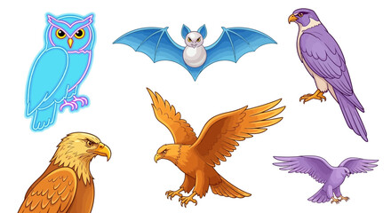 Obraz premium Vector discover diverse bird species illustration including owl eagle falcon and bat vector graphics collection