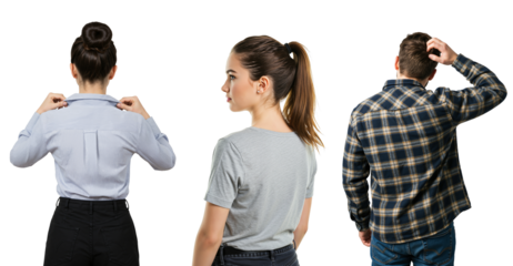 Collage of three people from a back view. Woman adjusting her shirt, man scratching his head, and a young woman in profile.