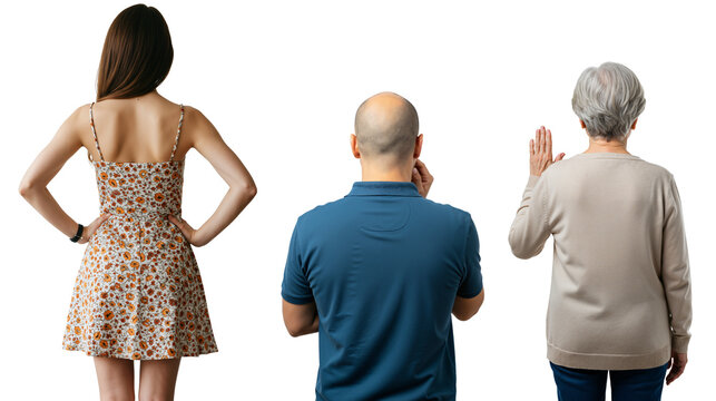 Rear view of a young woman, a bald man, and a senior woman standing. Group of diverse people from different generations isolated on a transparent background.
