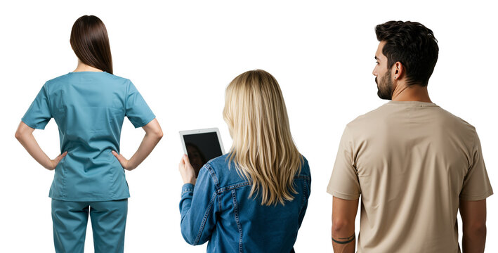 a diverse group of people on transparent background with their backs to the camera