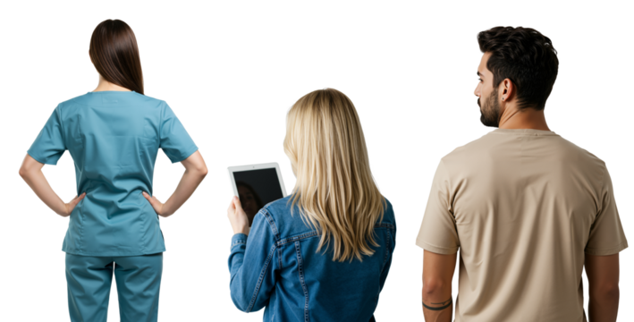 a diverse group of people on transparent background with their backs to the camera