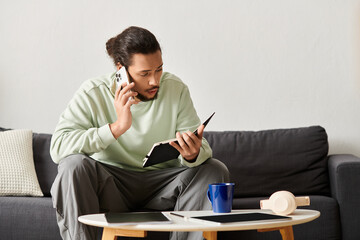 Engaging young man in thoughtful conversation while enjoying home comfort