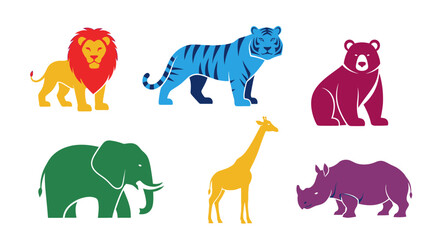 Obraz premium Vector colorful animal illustration featuring lion tiger bear elephant giraffe rhino for kids education design