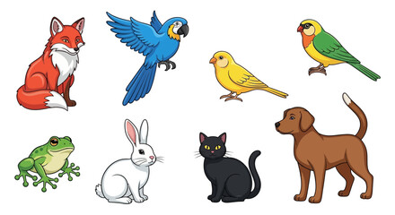 Naklejka premium Vector cartoon animal collection featuring fox parrot canary green bird frog rabbit cat and dog illustration