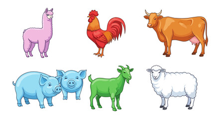 Fototapeta premium Vector illustration of farm animals including cow rooster pig sheep goat and llama for educational purposes
