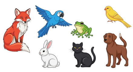 Vector cartoon animals illustration featuring fox parrot frog canary rabbit cat and dog vector graphics set