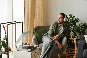 Young handsome man enjoys relaxing at home while listening to vinyl records on a cozy afternoon