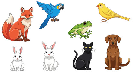 Naklejka premium Vector cartoon animals illustration featuring fox parrot frog canary rabbit cat and dog vector graphics image