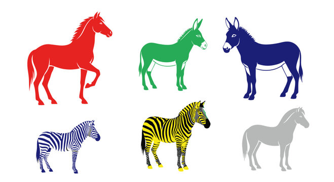 Vector colorful horse donkey and zebra vector illustration animal silhouette design clip art graphic image resource
