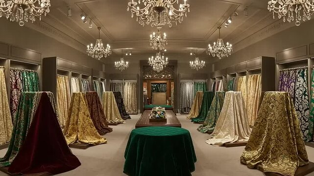 Fabric showroom showcases luxurious textiles and elegant interior design elements with chandeliers