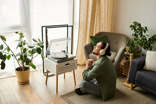 Enjoying music while reflecting at home in a cozy and serene environment