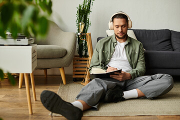 Young handsome man enjoys relaxed creative writing at home while listening to music