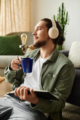 Relaxing at home, a young man enjoys coffee and music while jotting down his thoughts
