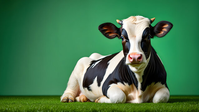 A black and white cow rests on green grass
