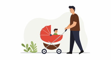 A father pushing a stroller with his baby. 