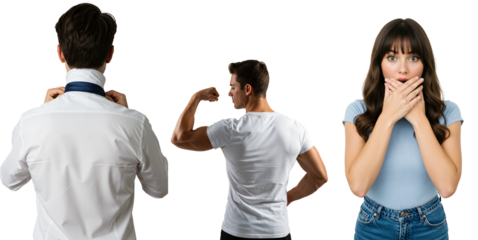 Composite image showing a man's duality, from muscular and strong to formal and elegant, with a surprised woman reacting. Transformation concept.